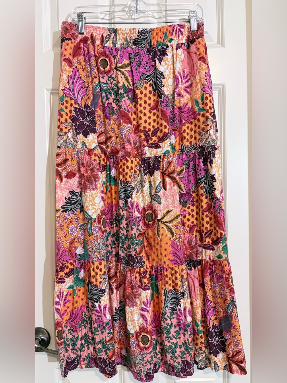 LOFT Floral Patchwork Tiered Maxi Skirt - Pink, Orange & Green